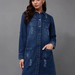 Miss Chase Blue Relaxed Fit Denim Jacket-image-96