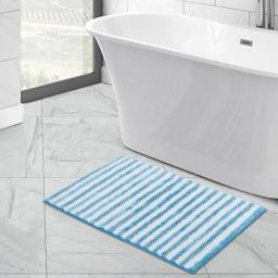 OBSESSIONS Teal Blue Polyester Stripes Anti Skid Stripes Bath Mat (Small)-picture-15