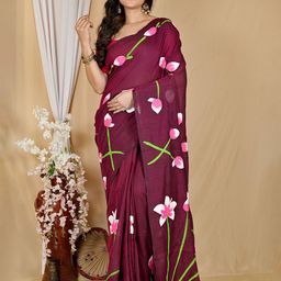 PuJoy Floral Pure Cotton Handloom Taant Saree-image-62