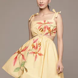 Label Ritu Kumar Floral Print Cut-Outs Tie-Up Neck Fit & Flare Mini Dress-image-30