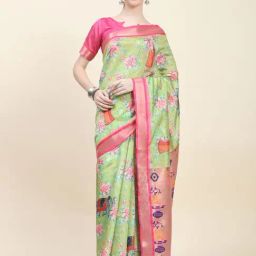 JUST FASHION Green & Pink Silk Floral Print Saree With Unstitched Blouse-image-26