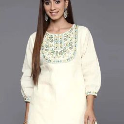 Libas Off-White Cotton Embroidered A Line Short Kurti-48