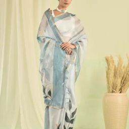 Sutra Attire Blue Floral Printed Silk Saree With Zari Border-image-1