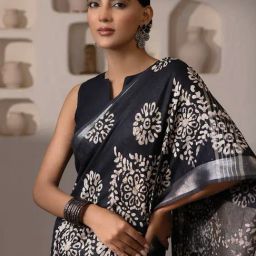 Soch Black Linen Printed Saree With Unstitched Blouse image 4