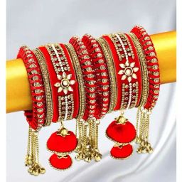 Peora Velvet Kundan Silk Thread Red Chooda Bangle Set-image-29