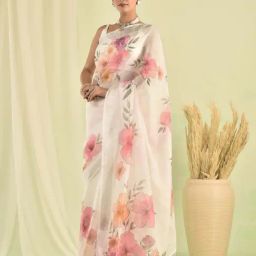 Sutra Attire White Pink Floral Design Linen Saree-image-23