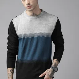 Roadster Men Black & Grey Acrylic Colourblocked Pullover-image-38
