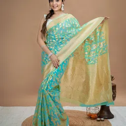 HELLA FASHIONS Woven Design Zari Floral Saree-image-99