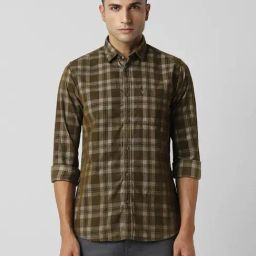 Van Heusen Sport Olive Cotton Slim Fit Checks Shirt-image-92