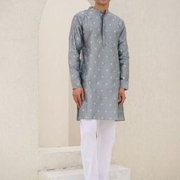 HOUSE OF KARI Men Geometric Thread Work Indie Prints Jacquard Kurta-picture-32