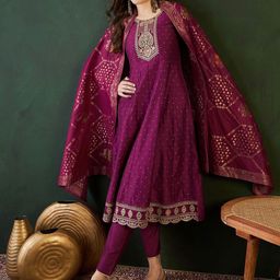 Sangria Floral Embroidered Layered Kurta with Trouser & Dupatta-11