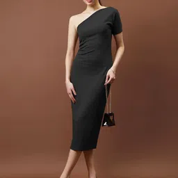 Athena One shoulder Rib Sheath Midi dress-image-12
