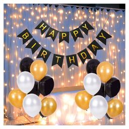 Bubble Trouble Balloons Happy Birthday Banner With Fairy Light & Balloons Black Golden - Pack of 32-21