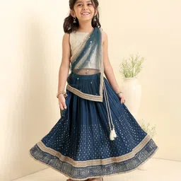 Babyhug Woven Sleeveless Sequins Choli WIth Lehenga & Dupatta - Teal-picture-6