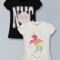 Plum Tree Pack Of 2 Cap Puffed Sleeves Unicorn & Brooklyn Glitter Printed Tops - Off White & Black-image-61