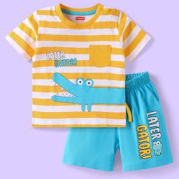 Babyhug Cotton Knit Half Sleeves Night Suit Croc Print - Yellow-image-31