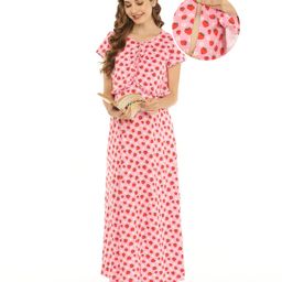 Bella Mama 100% Cotton Woven Half Sleeves Nighty with Concealed Zipper For Nursing Strawberry Print - Pink-image-91