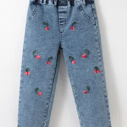 Kookie Kids Full Length Cherry Embroidered Washed Denim Jeans - Blue-picture-17