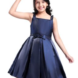 Pine Kids Woven Sleevless Frock With Pleats & Bow - Navy Blue-image-77