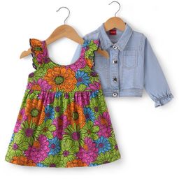 Babyhug Cotton Knit Frock with Full Sleeves Denim Jacket Floral Print - Multicolor-image-91