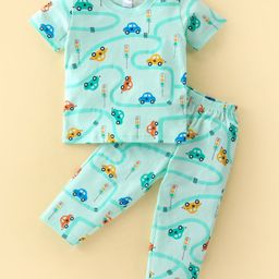 Tango Single Jersey Half Sleeves Night Suit With Car Print - Green-image-58