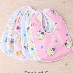 Zoe Waterproof Feeding Bibs with Snap Button Closure Animal Print Pack of 6- Multicolour-23