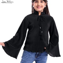 Arias Textured Knit Bell Sleeves Top With Cord Tie-Up & Solid Colour - Black-image-48