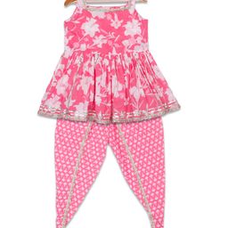 AATYA by Shruti Agarwal Cotton Sleeveless Flower Printed Peplum Top With Dhoti - Pink-image-3