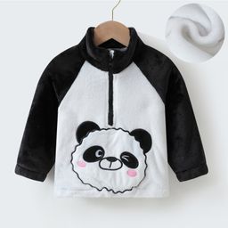 Kookie Kids Full Raglan Sleeves High Neck Fur Winter Jacket with Panda Patch Detailing - Black & White-image-63