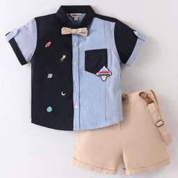 ToffyHouse 100% Woven Cotton Poplin Half Sleeves Color Block Shirt & Twill Shorts Set With Bow & Suspender Space Theme Embroidered - Beige & Blue-image-5