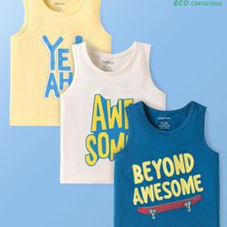 Babyoye Cotton Knit Sleeveless Vests with Placement & Text Print Pack Of 3 - Blue White & Yellow-picture-14