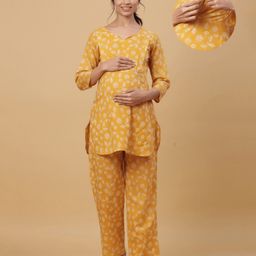 CRAFIQA Cotton Three Fourth Sleeves Floral Printed With Concealed Zipper  Nursing Access Night Suit - Mustard-image-3