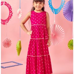 MASTARANG Sleeveless Ethnic Foil Printed & Lace Embellished Gown - Magenta-image-4