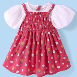 Babyhug Rayon Woven Half Puffed Sleeves Frock With Floral Print - Red & White-image-14