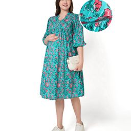 Bella Mama Woven Three Fourth Sleeves Pleated Front Floral Printed Maternity Dress - Teal Blue-image-70