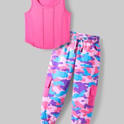 OLLINGTON ST. Cotton Lycra Knit Sleeveless Top & PrintedCargo Joggers - Pink & Multicolour-image-41