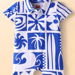 Babyhug Interlock Knit Half Sleeves Romper With Beach Theme Print - Blue & White-image-94