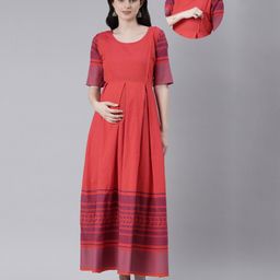 Swishchick Cotton Half Sleeves Geometric Printed Maternity Dress With Zip Nursing Access - Orange-image-21