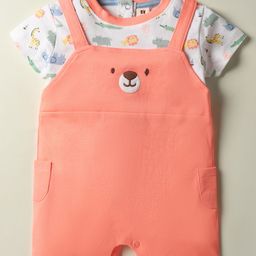 ToffyHouse Cotton Woven Half Sleeves Romper with Animal Print & Patch Detailing - Light Orange-image-90