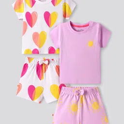 Bonfino 100% Cotton Knit Half Sleeves Hearts Printed Shorts Night Suit Pack of 2- Lilac & White-picture-12