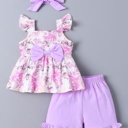 Mark & Mia Sleeveless Floral Printed Bow Detailed Top & Shorts Set with Head Band - Mauve-image-53