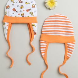 BUMZEE Cotton Pack Of 2 Striped & Musical Instruments Printed Tying Caps With Ear Flaps - Orange & White-picture-10