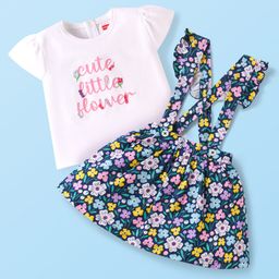 Babyhug Single Jersey Knit Cap Sleeves Top & Skirt Set With Floral Print & Attached Suspender - White & Navy Blue-picture-19