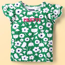 Pine Kids Cotton Knit Frill Sleeves Top With Floral Print - Green-image-102
