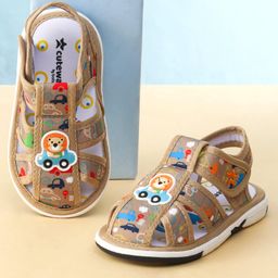 Cute Walk by Babyhug Car Printed Sandals With Velcro Closure & Lion Applique - Tan-picture-17