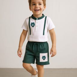 Mark & Mia Cotton Knit Half Sleeves Mandarin Collar T-Shirt & Shorts Set With Pocket & Graphics Detailing - White & Green-image-13