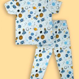 Lil' Roos Cotton Knit Half Sleeves Space Theme Printed Coordinating Night Suit Set - White-image-96