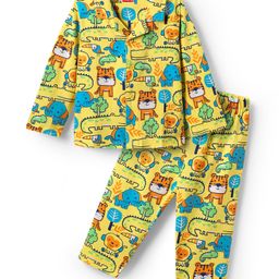 Babyhug Cotton Knit Full Sleeves Front Open Co-ords Night Suit with Jungle Theme Print - Yellow-image-29