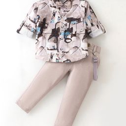Rikidoos Full Sleeves Abstract Printed Shirt With Pant Suspender & Bow Set - White & Fawn-image-85