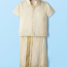 Babyhug Woven Half Sleeves Solid Shirt & Mundu Set - Offwhite-image-88